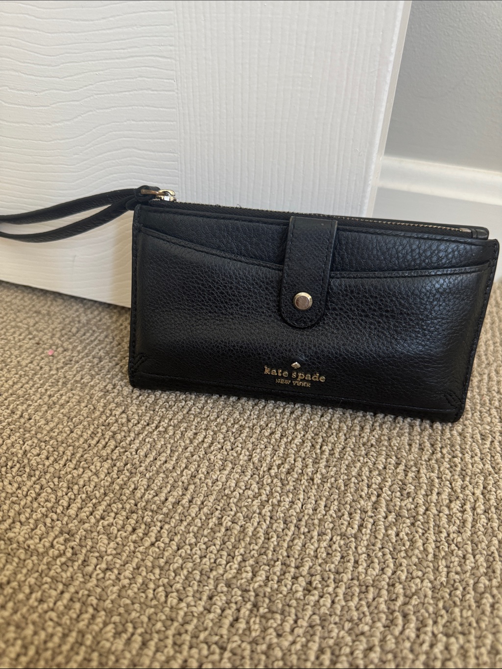 Kate Spade Black Pebbled Leather Wristlet Wallet With Gold Logo